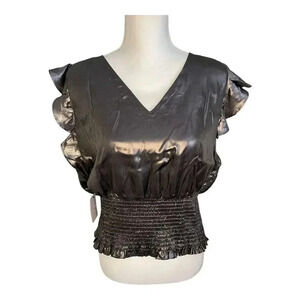 Nine West‎ Women’s XL Metallic Black Sleeveless Ruffle Smocked Hem Crop Top